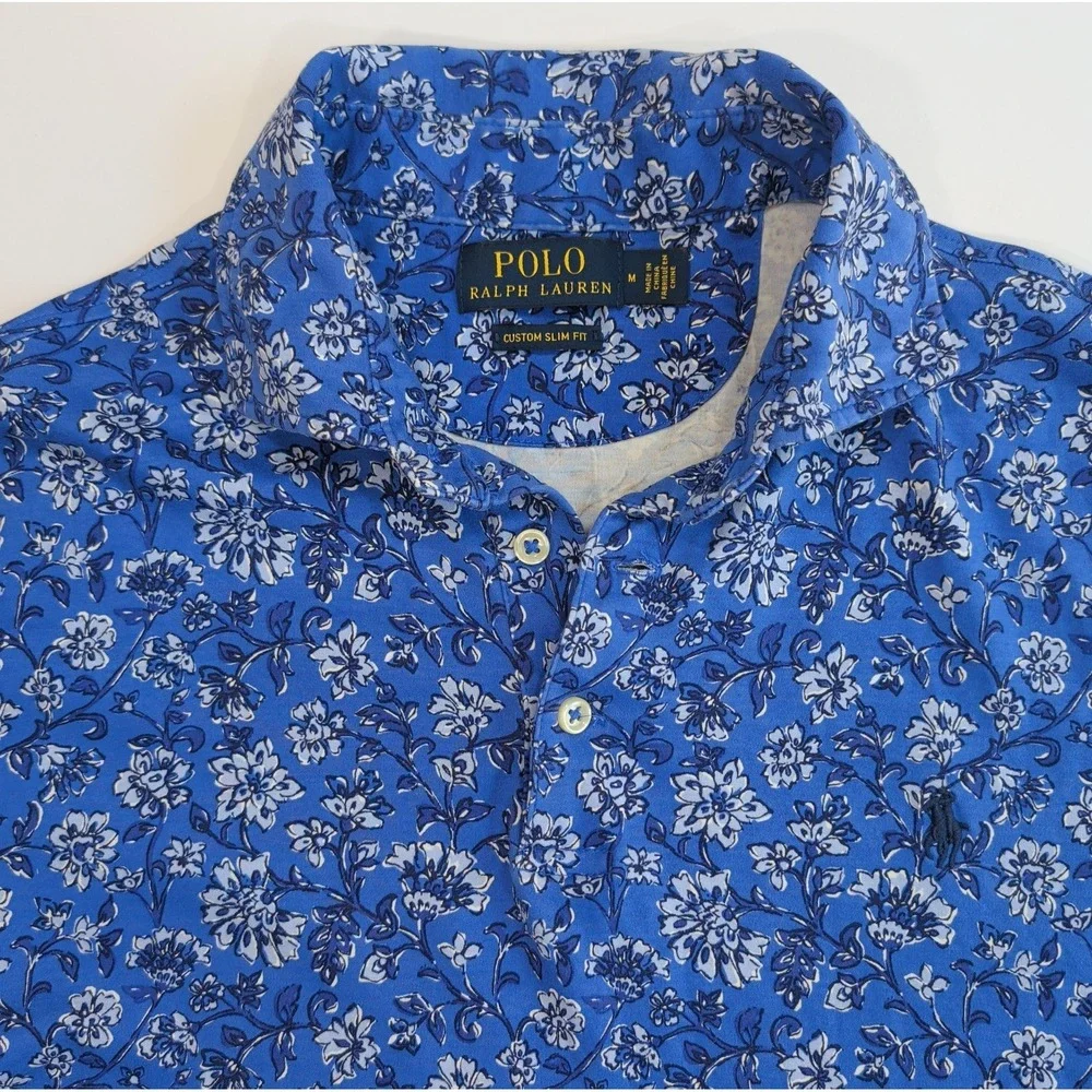 Polo Ralph Lauren Women's Medium Floral Print Polo Shirt Blue Golf Pickleball M